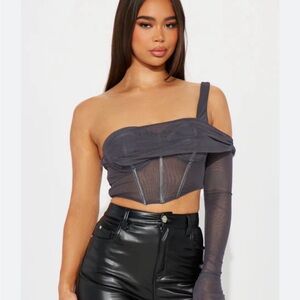 Fashion Nova Michelle Mesh Corset Gray One-Shoulder Crop Top